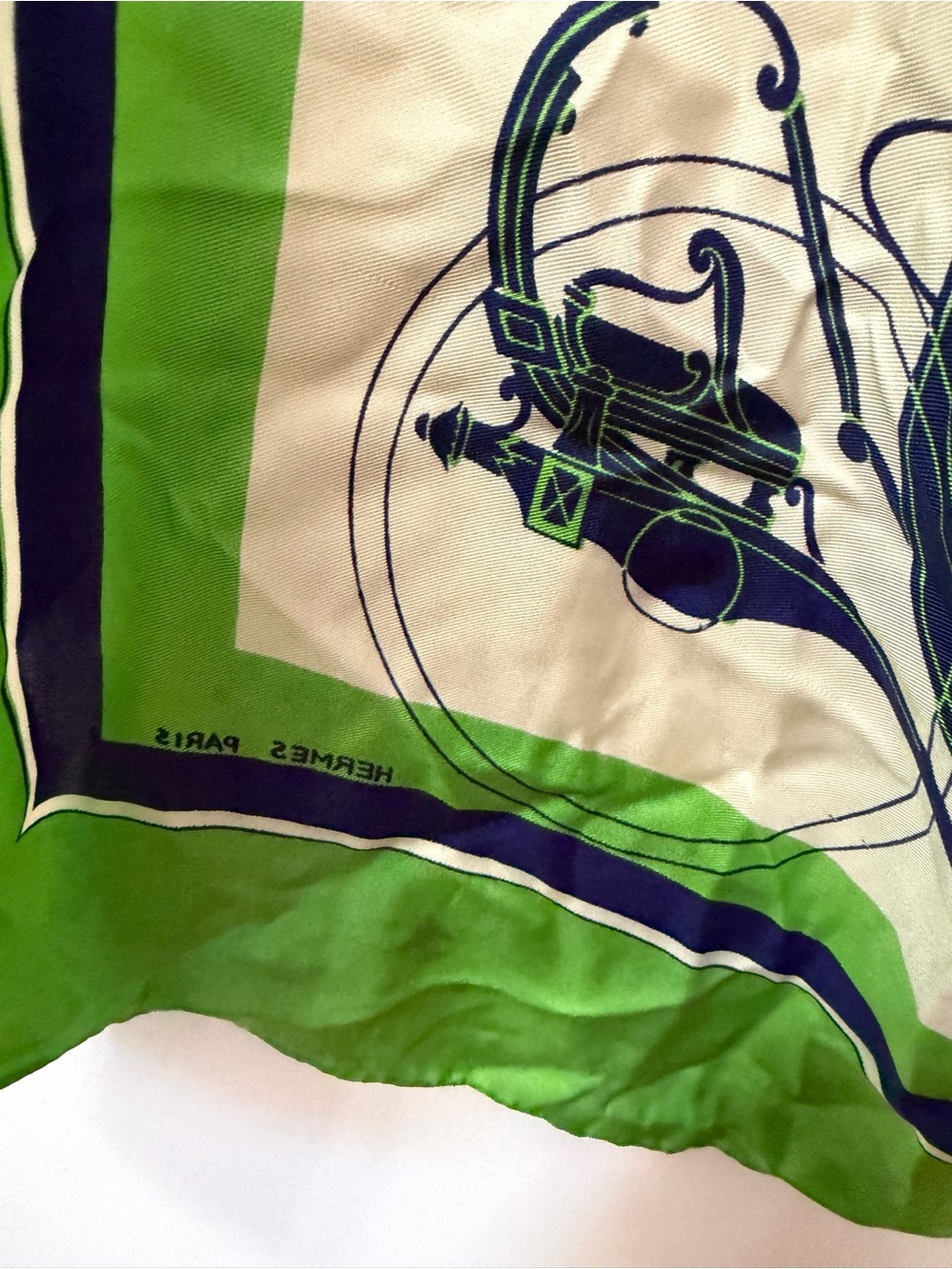 Hermes Green, Blue & Cream Silk Scarf with Carriage Motif - Picture 2 of 4